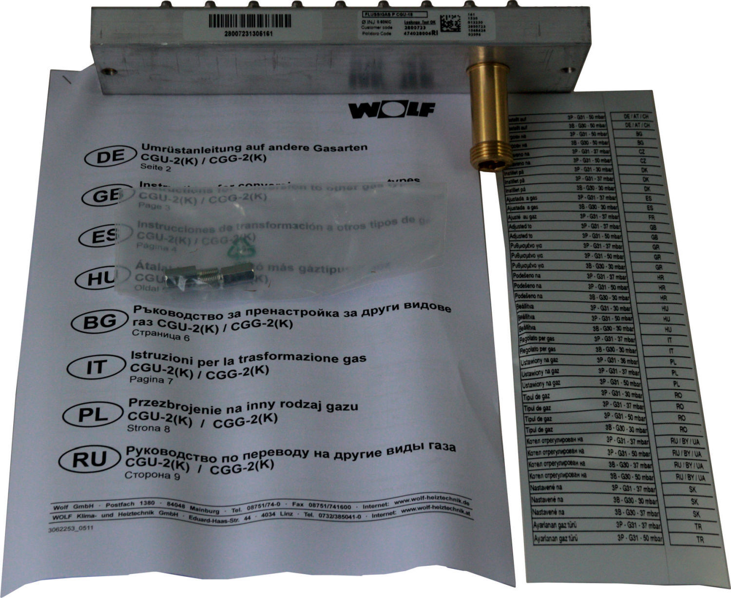 Wolf kit de conversion gaz naturel E/LL - gaz liquide 2800723 pour CGU-2(K)-10/18