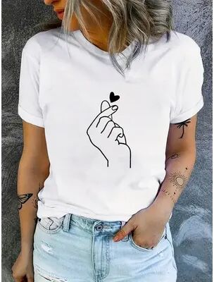 Lush Living Finds Retro Heart Gesture Graphic T Shirt For Women Casual Summer Crew Neck Tee white xl