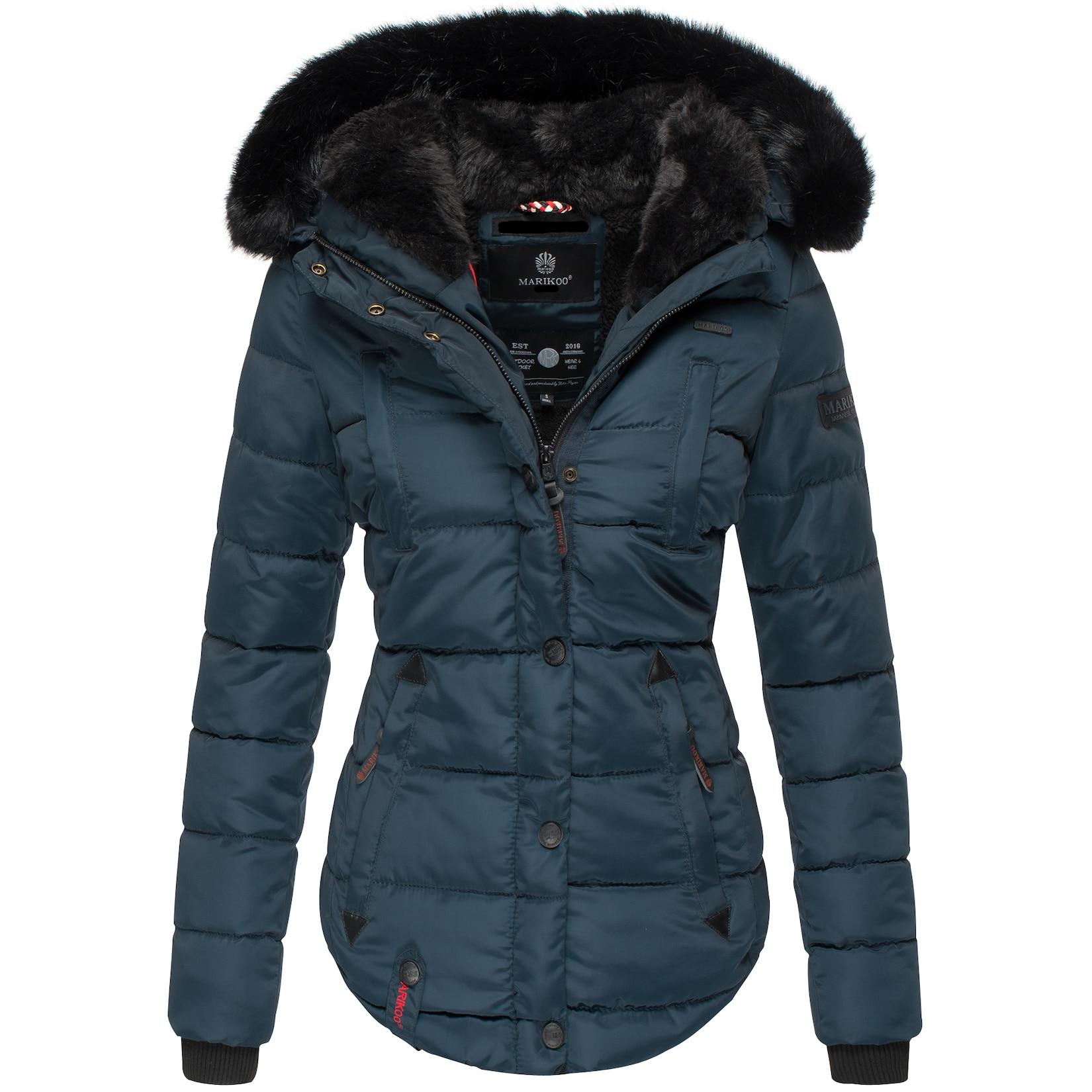 MARIKOO Damen Designer Steppjacke Winter Jacke mit edler Kunstpelz Kapuze Lotusblüte