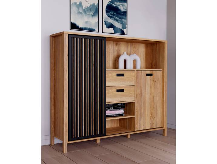 Highboard FORTE Jytana , schwarz (mauvella eiche, schwarz), B:149,9cm H:129,9cm T:40,2cm, Holzwerkstoff, Sideboards, Highboard, Breite 149,9 cm, Schiebetüre mit Lamellenoptik, Mauvella Eiche/Schwarz