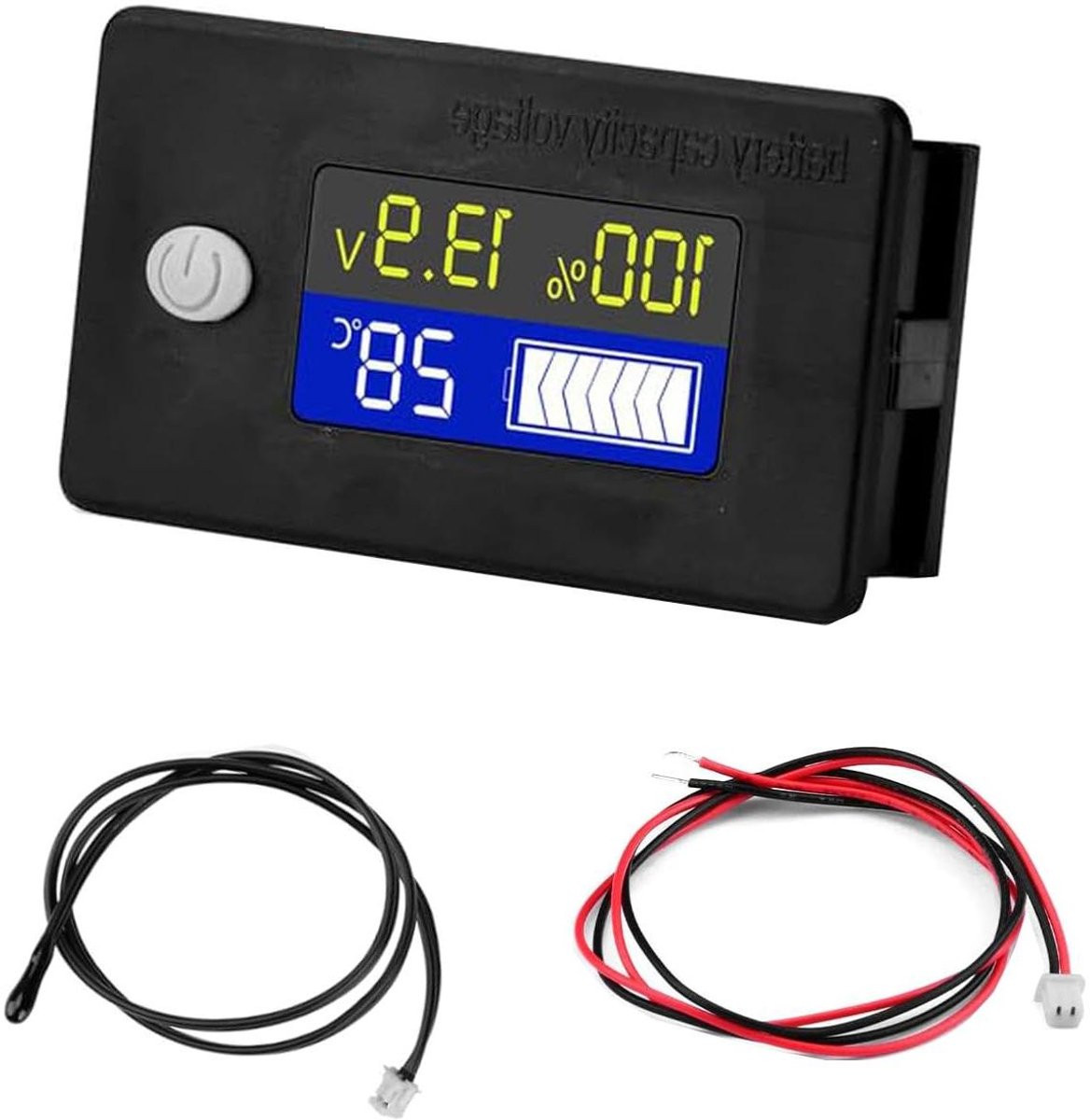 Spanningsmonitor met batterijcapaciteit, alarm en temperatuursensor voor lithium en loodzuurbatterijen, 12V-72V, zwart