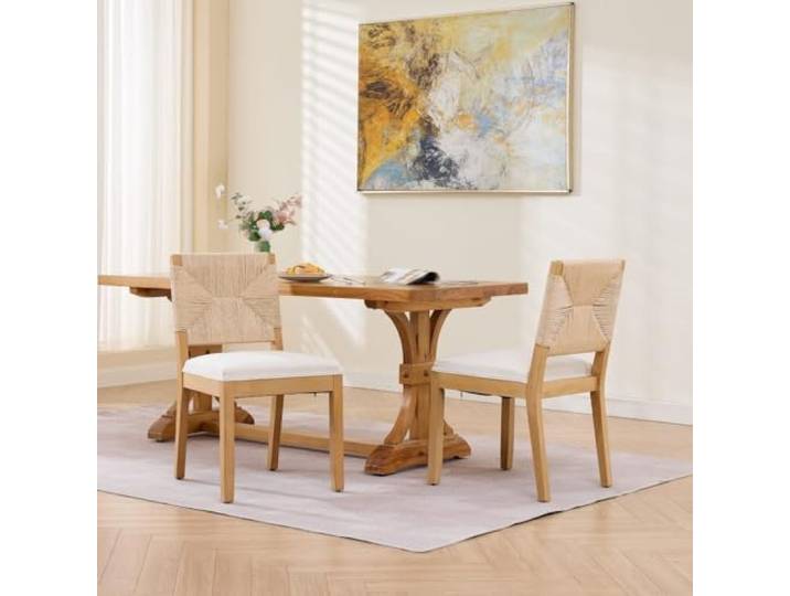 I0I&I0I Esszimmerstühle Holz 2er Set – Rattan Rückenlehne, Gepolsterter Leinenbezug, Bequeme Sitzfläche für Esszimmer und Wohnzimmer (Beige + Linen + Foam)