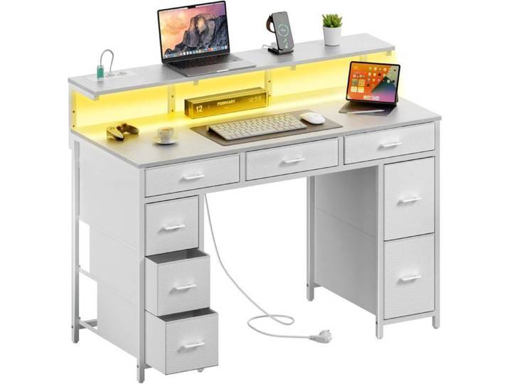 ECOFURNIX Bureau avec 8 Tiroirs en Tissu 120 × 50 cm Bureau Gaming LED avec Prises & Ports USB Bureau Gamer Blanc