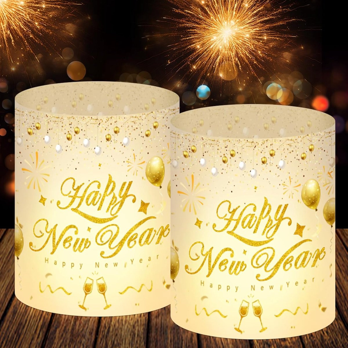 Windlichten voor tafeldecoratie met Happy New Year 2026 thema, geschikt voor theelichtjes