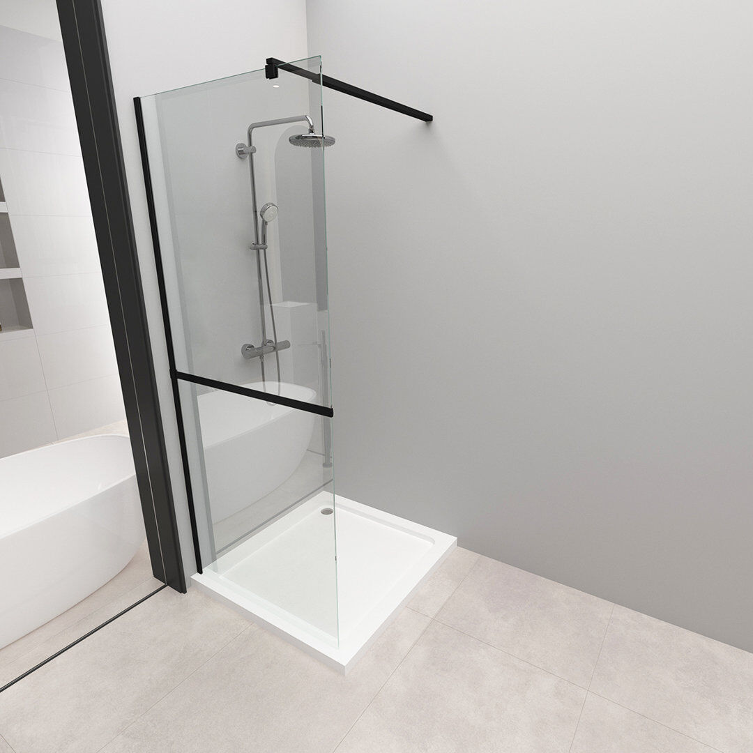 Belfry Bathroom 70mm - 70mm W x 190mm H Walk In Semi-Frameless Walk In Glass Screens with Clear Glass Black 1900mm x 700mm