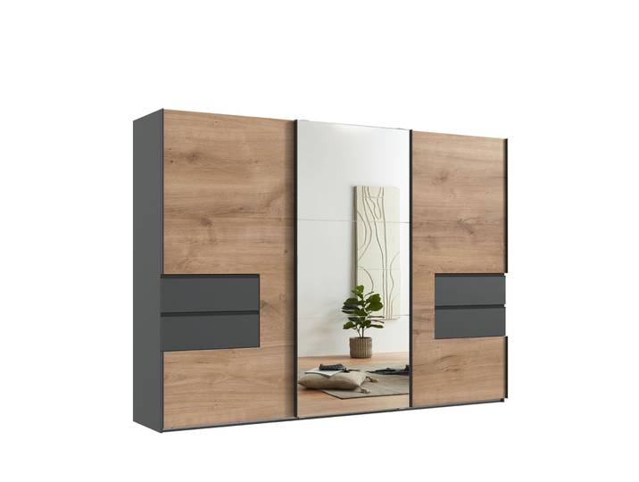 Schwebetürenschrank Kleiderschrank 300 cm Spiegel Schubladen Grafit, Eiche Dekor / 22055