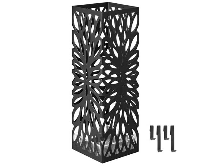 SONGMICS Porte-parapluies\, Carré\, en Acier\, avec Réceptacle d'Eau Amovible Organisateur sur Pieds\, pour Parapluies et Cannes\, 4 Crochets\, Noir Mat\, Collection PATSY LUC48B