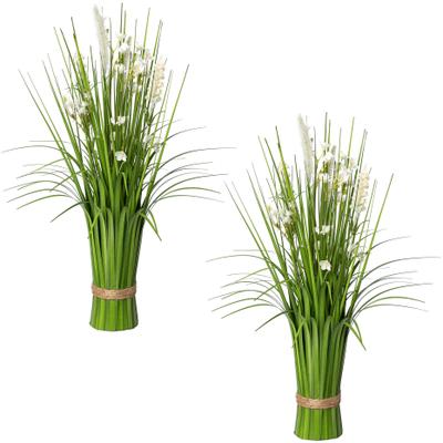 Kunstgras CREATIV GREEN "Stehgras-Busch mit Blüten", weiß, H:48cm Ø:10cm, Kunststoff, Kunstpflanzen