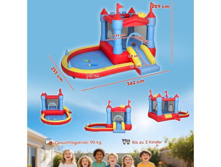 Château gonflable, avec souffleur, toboggan, trampoline, pataugeoire, piscine à balles, pistolet à eau, 342x255x209 cm, bleu, jouet gonflable enfant, château gonflable enfant, jouet gonflable