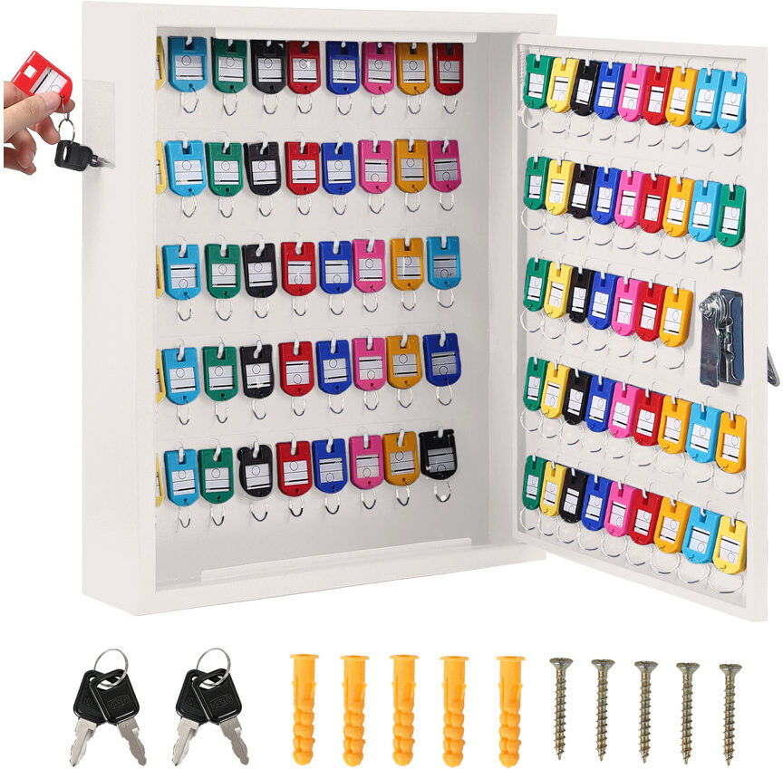 ZACOO Heavy Duty Wall Mount Key Storage Cabinet – Secure Lock Box with 88 Key Hooks, Color Coding Tags & Drop Slot – Large Capacity Organizer for Office, Ho White 42cm H X 36cm W X 8cm D