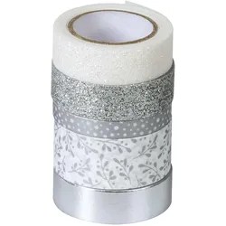 6x Heyda, Washi Tape, DekoTape Papier 0,6-1,8cmx2-6,5m VE=5 Stück sortiert silber