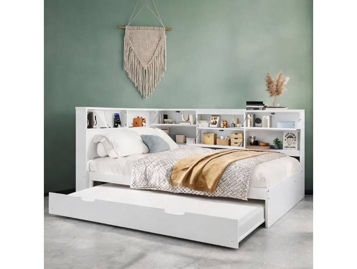 Daybed canapé-lit blanc 140x200 cm avec rangement et lit gigogne en pin massif