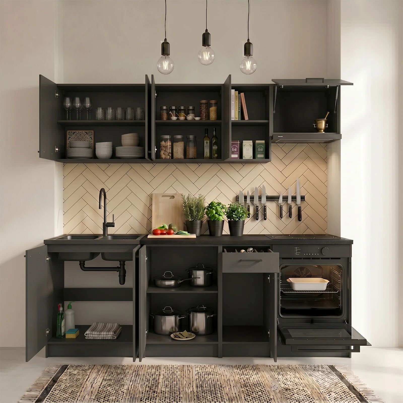 garneroarredamenti Cucina lineare 240cm completa componibile moderna con vano forno antracite Dalia
