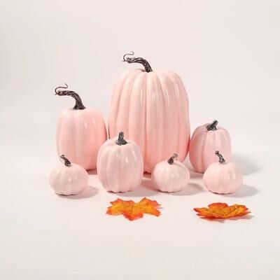 Uplift Picks Artificial Pumpkin Set 7PCS Fake Pumpkins For Halloween Autumn Harvest Decor pink