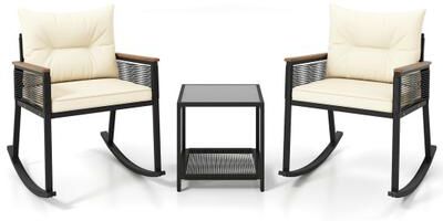 Costway 3 Piece Outdoor PE Rattan Rocking Bistro Set with 2-Tier Coffee Table-White