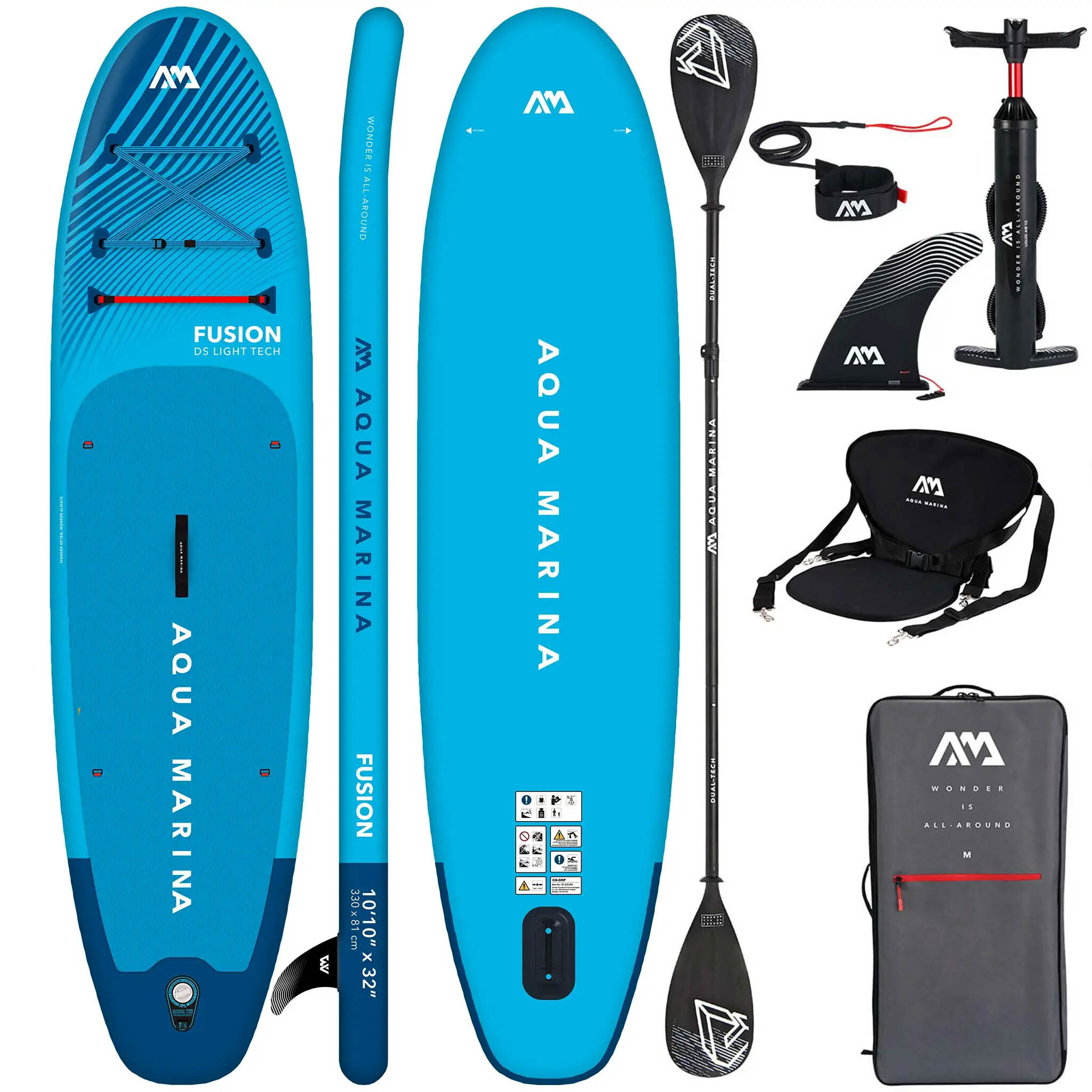 Aqua Marina Fusion SUP Board 330 cm aufblasbar - Komplettset inkl. Kajaksitz & 2in1 Paddle - Blau