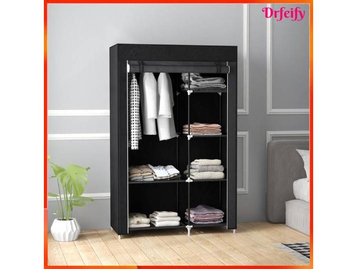 Armoire penderie multi-rangement - AKOZON - 8890 - 6 étagères 1 barre - rideau enroulable - structure acier noir
