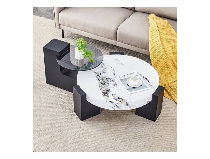 STILVORA Couchtisch runder Wohnzimmertisch 2er set Beistelltisch mit Holzmaserung (Sofatisch mit zwei Ebenen-Transparente in L-Form, Zerlegbares Design für eine flexiblere Raumnutzung), Einfache Montage und Pflege