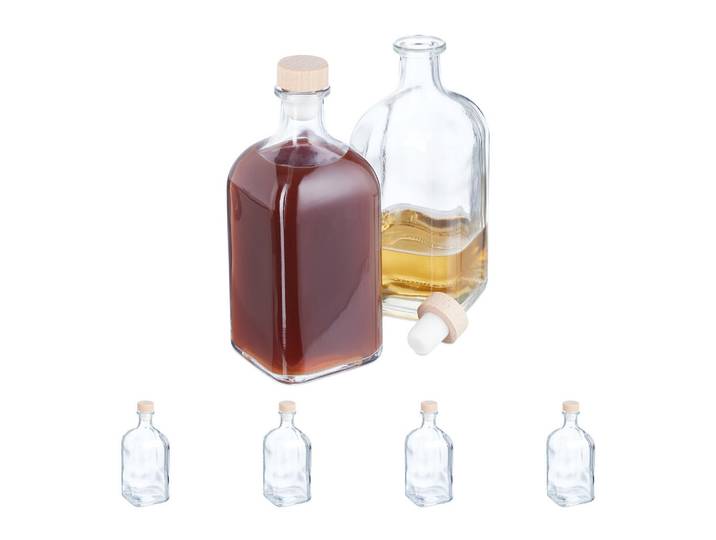 Relaxdays Glasflaschen Transparent Natur 6er-Set 500 ml, Glas, Kunststoff, Rechteckig, 7.5x18x7.5 cm, Geschirr, Tischkultur & Serviergeschirr, Essigspender & Ölspender