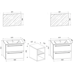 VCM 3-tlg. Set   2 Waschtisch, 2 Spiegel, 2 Waschbecken, 1 Mittelfach   Keramik Waschbecken   Unterschrank 155 cm   Badmöbel Set Doppel Waschplatz - Badinos XXL