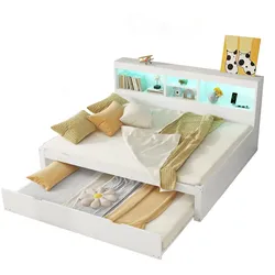 MODFU Schlafsofa 140x200 mit LED-Beleuchtung, USB-Anschluss und Stauraum, Weiß – Ausziehbares Bett für zusätzlichen Platz und Komfort