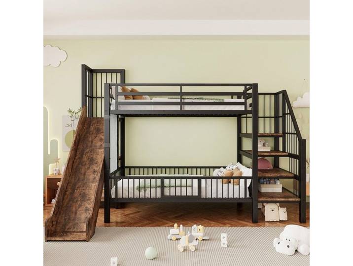 Lit mezzanine - MINIMAL - enfant 90x200 noir métal rangement échelles barrière économiseur espace garçon fille
