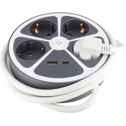 Tischsteckdose 4-fach mit USB-A und USB-C Ladeanschluss, runde Form, Kabellänge 1,4 Meter