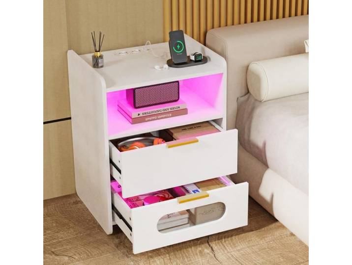 OOBEST-Table De Chevet À Deux Tiroirs-Rechargeable-Equipé De Lumières LED RVB-Panneaux De Particules-Pour Chambre Et Salon-Blanc