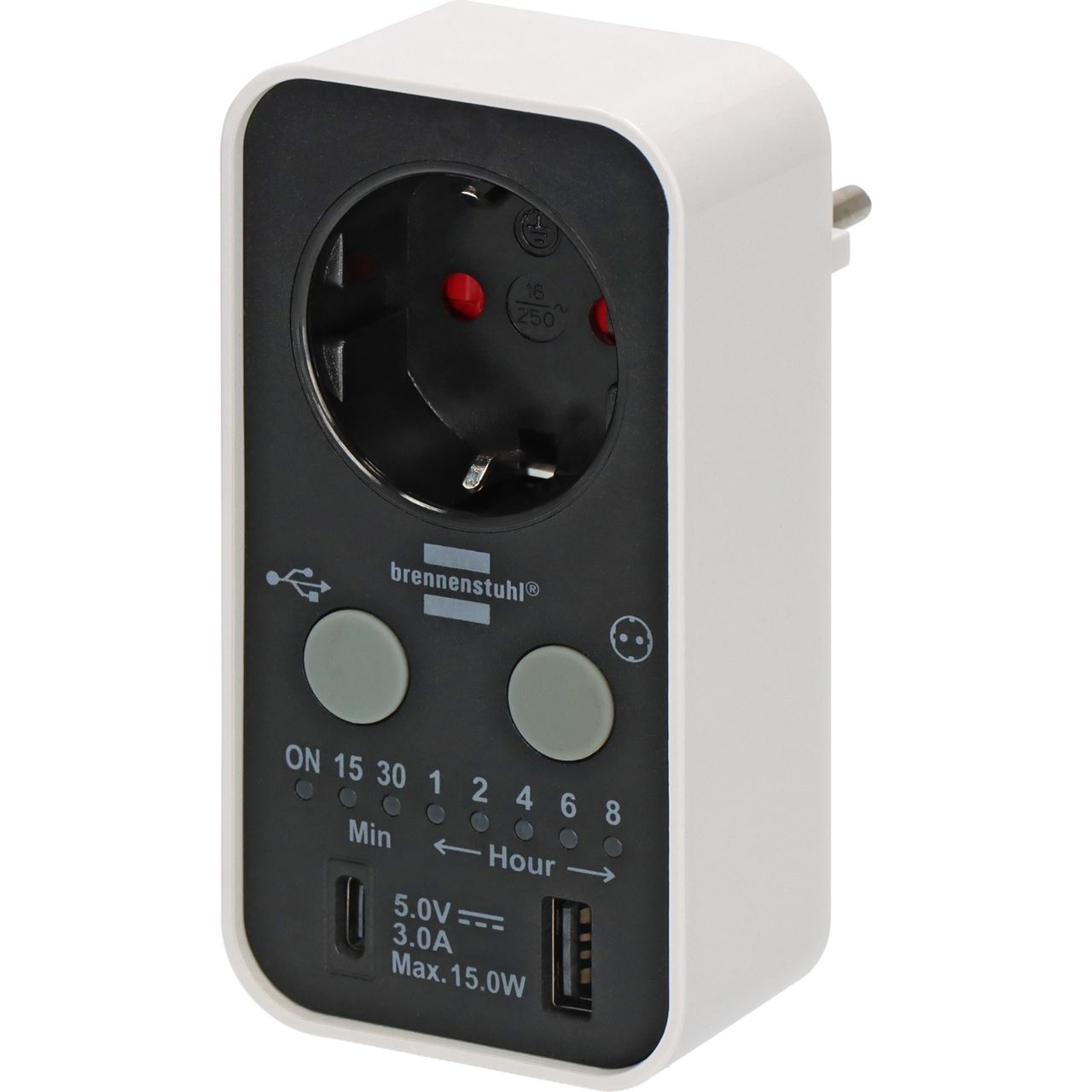 Brennenstuhl Countdown Timer-Steckdose mit USB A und USB C schwarz/weiß IP20
