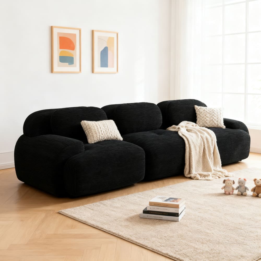 Meubles Cosy Canapé modulable 3 places, accoudoirs, velours côtelé, noir Noir 298x70x103cm
