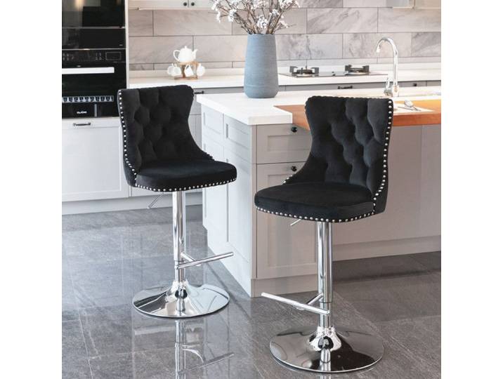 NuvlaGu - Lot de 2 Tabourets de bar en velours - Hauteur réglable rotation à 360° - Noir et argent