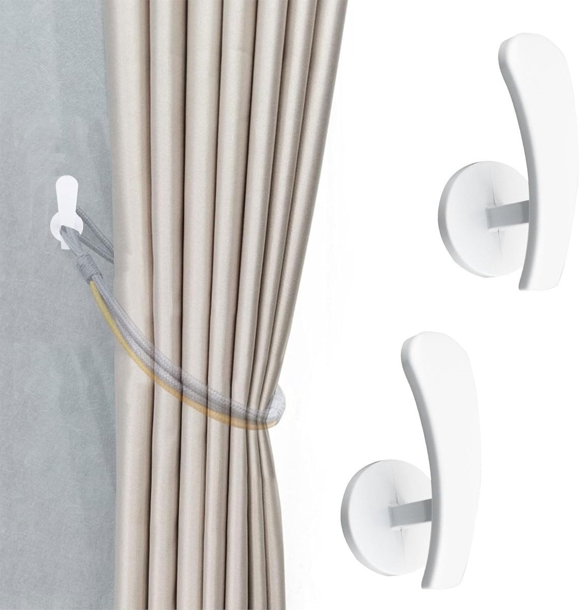Dailygoods Zelfklevende Gordijnhouders - Wandgemonteerd - Metalen Haak - 2 Stuks - Zinklegering - Wit