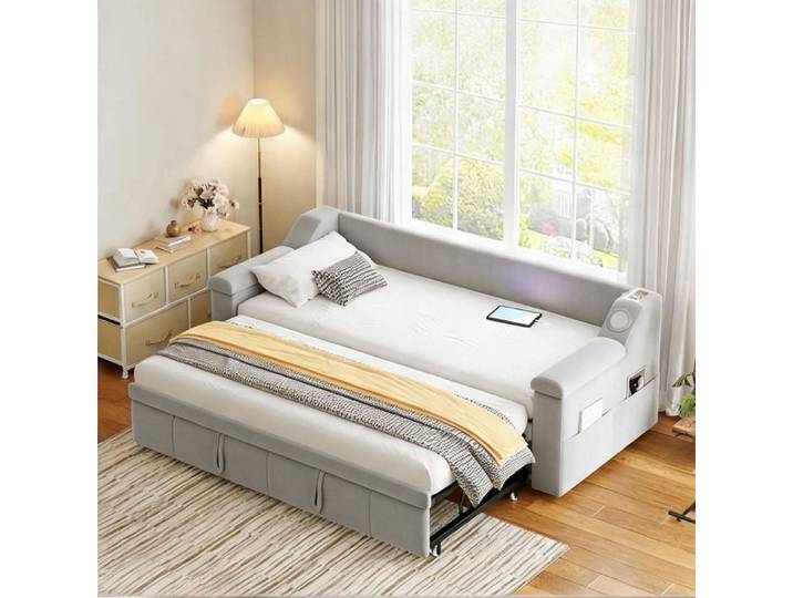 Canapé-lit 2 places 180x190 cm en velours cool gray avec accoudoirs larges Bluetooth USB et rangements