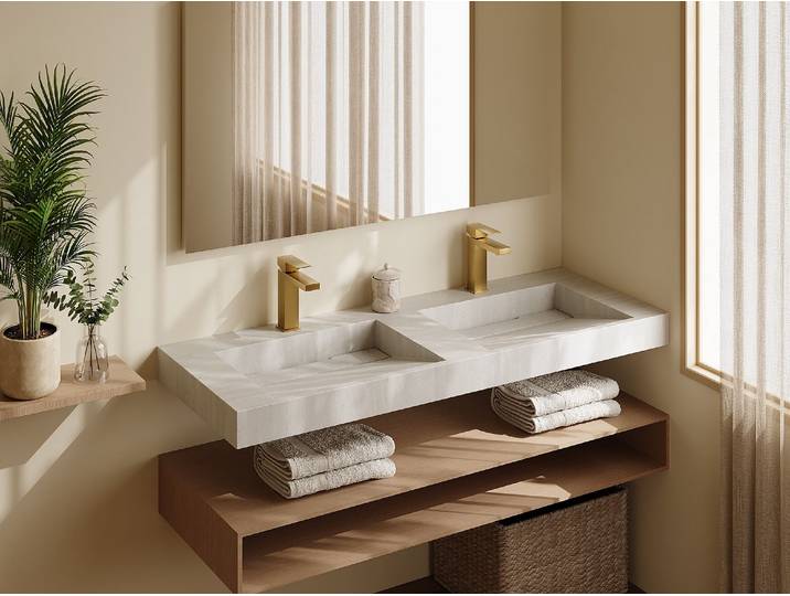 Doppelwaschbecken hängend aus Solid Surface in Beige mit Terrazzo-Effekt - 120 x 45 x H8 cm - KODIAK