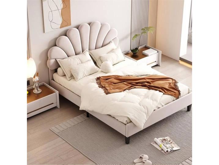 Lit double - GUTENT - 140 x 200 cm - Tissu velours beige - Design moderne - 2 places