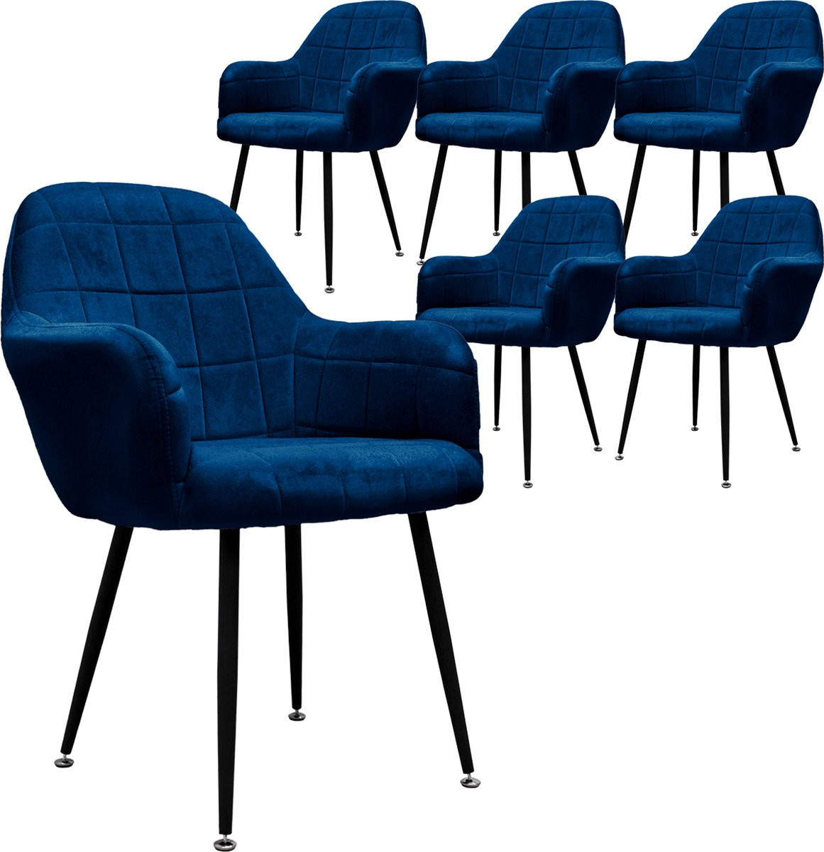 ECD Germany Set van 6 Eetkamerstoelen met Armleuningen, Donkerblauw Fluweel, Zwarte Metalen Poten