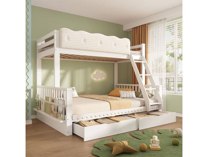 Lit Superposé 90x200cm+140x200cm Lit Superposé Enfant avec 2 tiroirs et étagères Lit double en bois Barrière Antichute Blanc