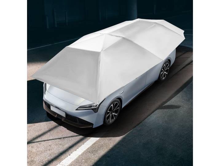 Tente de voiture semi-automatique 4,2 m, protection solaire/pluie, auvent pour voitures, couverture pliable, auvent de voiture portable, gris argenté/bleu marine