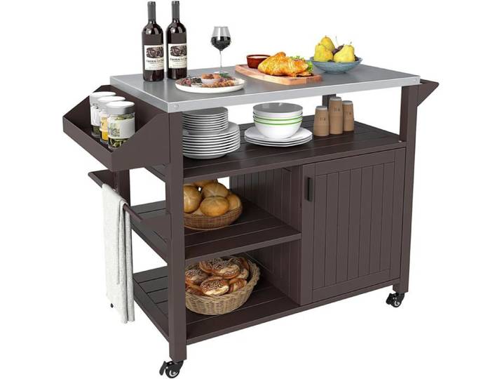GOPLUS Desserte de Jardin à roulettes Desserte Barbecue avec Plan de Travail en Acier INOX. 116x50x87CM
