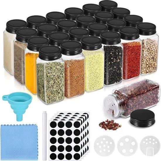 Famanu Set van 24 Kruidenpotjes met Labels en Siliconen Trechter, 120 ml, Zwart
