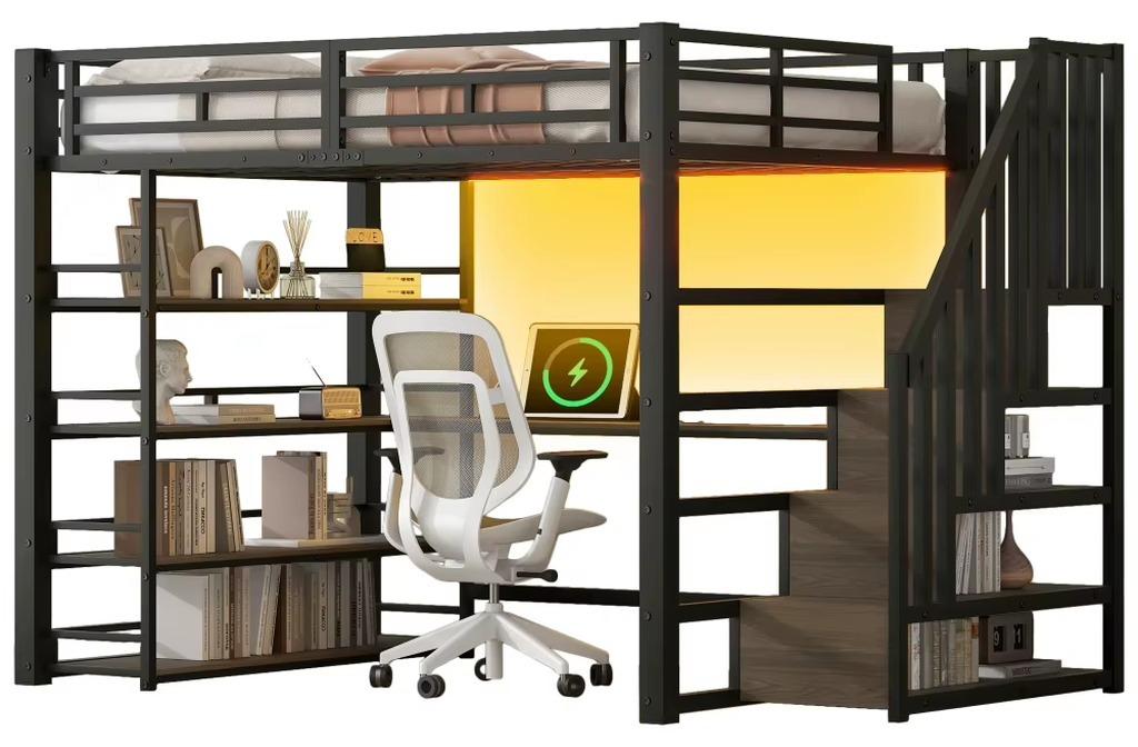 Etagenbett - Hochbett aus Metall - 140 x 200 cm - Treppe - Integrierter Schreibtisch - Stauraum - Schwarz