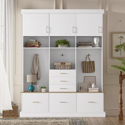 AISWORD "75""H Entryway Hall Tree with Bench,5-in-1 Modern Hall Tree with Coat Rack,6 Drawers,3 Cabinets and 3-Tier Top Storage"