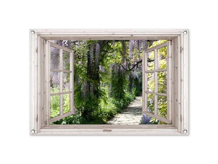 OnlyWow Gartenposter - Blauer Regen - Blumen - Aussicht - Baum - Frühling - 90x60 cm, Beige, Kunststoff, Rechteckig, 90x60x0.2 cm, Bilder & Rahmen, Bilder, Wandbilder