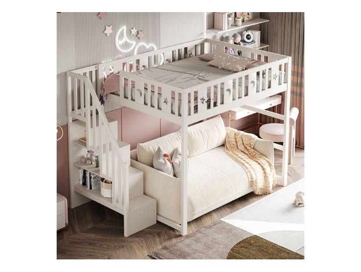 MODFU Hochbett mit Treppe, Jugendbett (Funktionsbett mit Sicherheitsgeländer & Dekoration, Stern & Monddesign, Kinderbett 140x200 cm) Inklusive Matratze