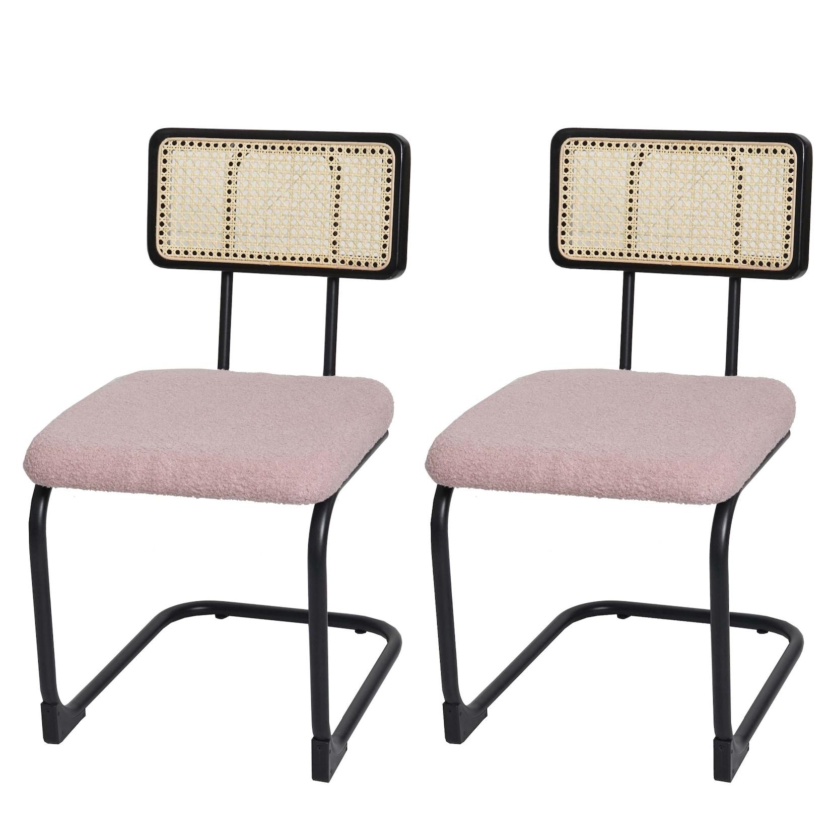 2er-Set Freischwinger-Stuhl MCW-K88, Stuhl Lehnstuhl, Holz Rattan Metall Bouclé ~ Stoff/Textil rosa