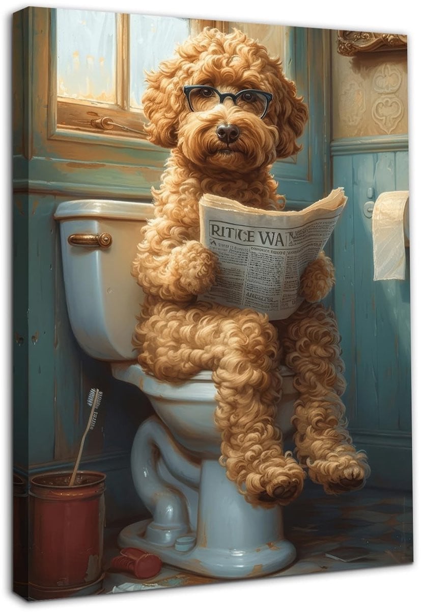 Solidchoice Ingelijste Grappige Badkamer Kunst met Hond op Canvas