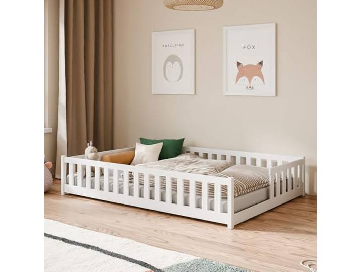 Kids Collective Kinderbett Bodenbett mit Rausfallschutz & Lattenrost Montessori Bett Bed Gitterbett Kinder Jugendbett Einzelbett 140x200 cm Weiß