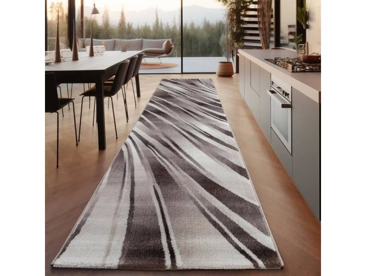 Tapis moderne design salon court fleuri abstrait vagues motif marron beige [80x300 cm]