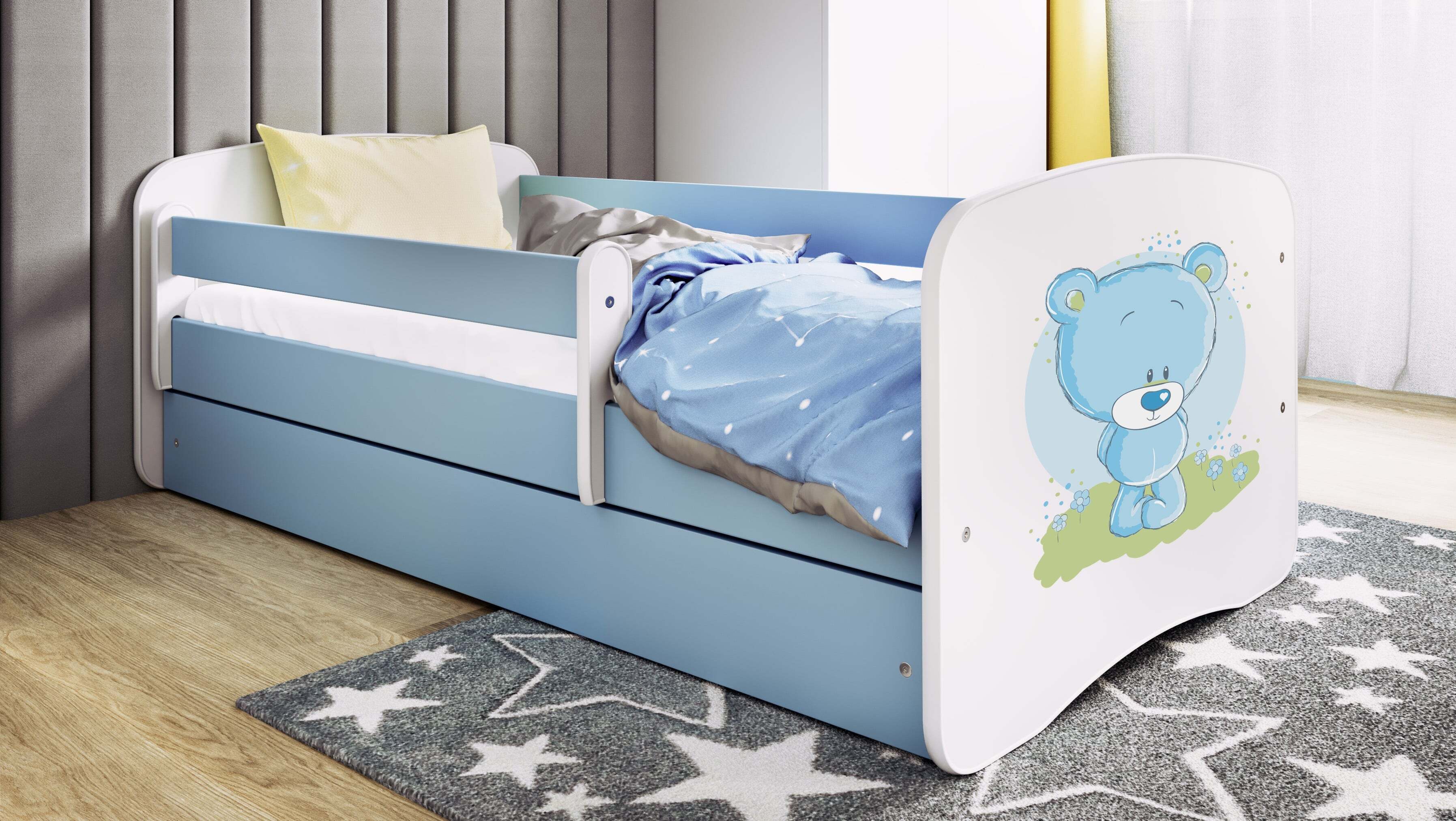 Kinderbett Jugendbett blauer Teddybär Blumen 70x140, 80x160, 80x180 cm - Komplettset mit Schublade & Rausfallschutz