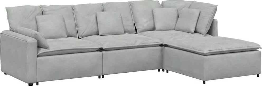 Modulares Sofa mit Fußhocker Kissen Samt Hellgrau
